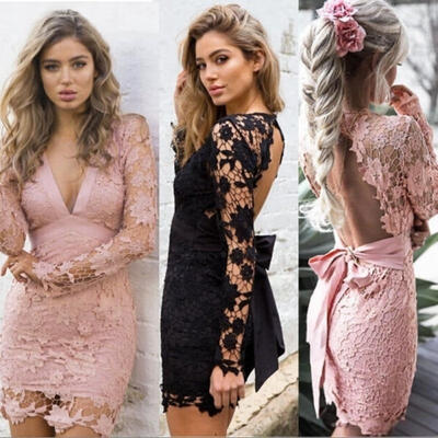 

Lady Women Sexy V-neck Long Sleeve Lace Bowknot Stretch Casual Party Mini Dress