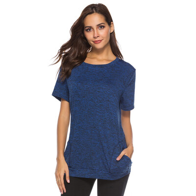 

Women Solid Color Short Sleeve Round Neck Splice T Shirts Tops Tee with Pockets