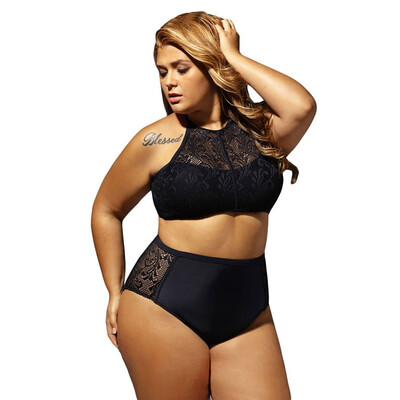 

Plus Size black high collar strap hollow steel armless chest pad removable high waist split swimsuit