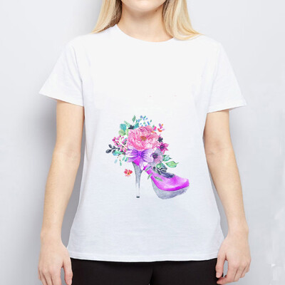 

Nomeni Women Personality High Heel Cartoon Print Round Neck Short Sleeved White T-shirt