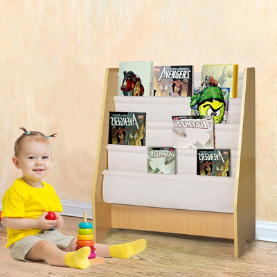 

Siaonvr Childrens Wooden 4 Layer Fabric Sling Bookcase Toy Picture Book Storage Rack