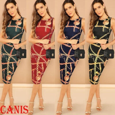 

Women Sexy Printing Dress Slim Elegant Party Dress Sleeveless Evening Dress