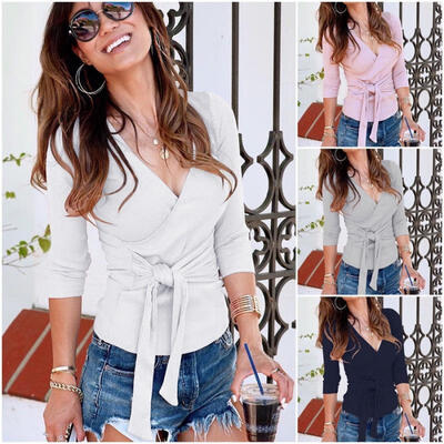 

Fashion Women Pullover V Neck Knit Sweater Slim Fit Tops Tunic Knot Blouse Shirt Set