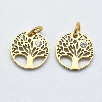 

316 Stainless Steel Pendants with Cubic Zirconia Flat Round with Tree Clear Real Gold Plated 12x2mm Hole 3mm