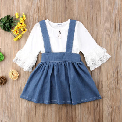 

New Toddler Kids Baby Girl 2Pcs Denimn Suspender Skirt DressLace Tops Outfits