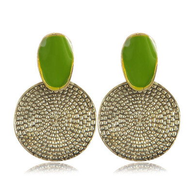 

Vintage Brand Jewelry Oil Drip Green Round Carve Pattern Earrings For Women Creative Double Circle Stud Ears