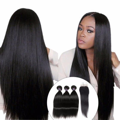 

Human Hair 3 Bundles With Closure Indian Straight Hair Free Middle Three Part Lace Closure W Baby Hair Non Remy Hair