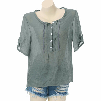

Nomeni Women Casual Solid Button Stitch Ruffled Short Sleeve Shirt Chiffon Top Blouse
