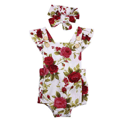 

Newborn Baby Girls Clothes Set Flower Print Rompers Headband Cotton Outfits