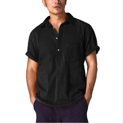 

2019 New Summer Fashion Men Casual Shirts Short Sleeve Solid Color Single-Breasted Lapel Collar Cotton And Linen Tops