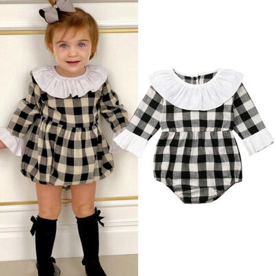 

Infant Baby Girl Clothes Plaid Flared Sleeve Romper Jumpsuit Outfit