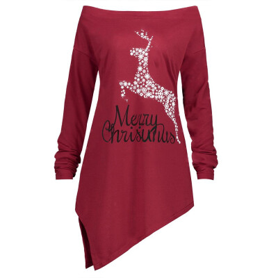 

Tailored Women Off Shoulder Letter Christmas Elk Print Long Sleeve Pullover Top Blouse