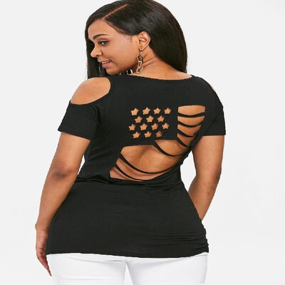 

Wish Amazon eBay summer new loose strapless short-sleeved t-shirt female Europe&America hollow shirt shirt spot blue