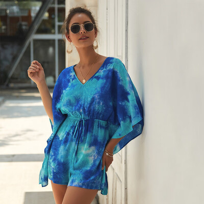 

Women Summer Sweet Printed Romper Lace Loose V-neck Short Sleeves Slim High Waist Jumpsuit