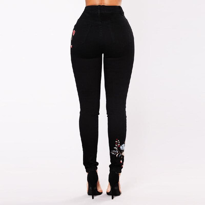 

Vintage Women Embroidered Stretch Jeans High Waist Button Zipper Pockets Skinny Pencil Denim Pants Black