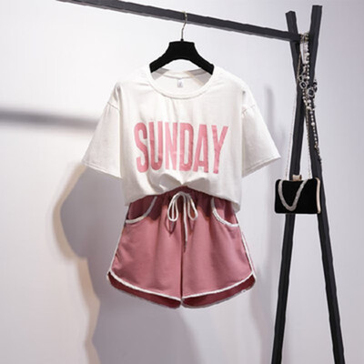 

Casual Womens Two Piece Set Summer SUNDAY Letter Print Plus Size Short Sleeve Tee&Elastic Waist Sporty Shorts Set -4XL