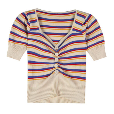 

Striped Patchwork T Shirt Women Summer Short Sleeve V Neck Tshirt Women Slim Casual Button Crop Top