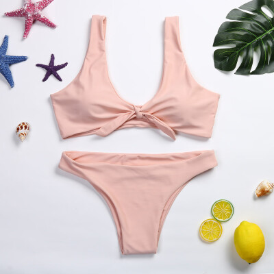 

Roseonmyhand Women Knotted Padded Thong Bikini Mid Waisted Scoop Swimsuit Beach Swimwear