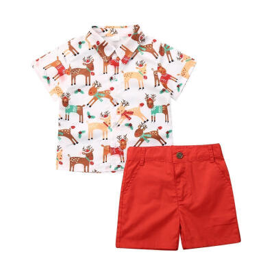 

Christmas Gift Toddler Kids Boys Short Sleeve Outfits Xmas Deer Printed Shirts Set 2pcs