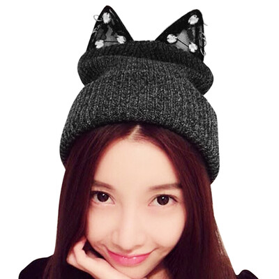 

Women Winter Beanie Devil Horns Cat Ear Knit Ski Wool Cap Hat