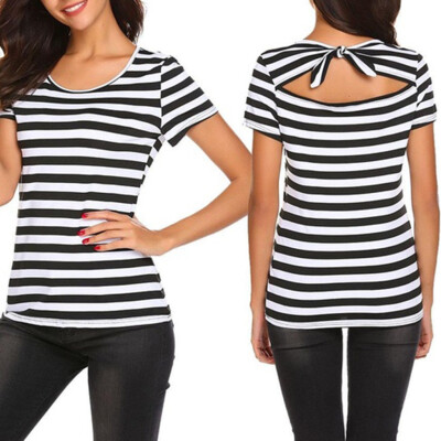 

Nomeni Women Casual O-Neck Back Bowknot Short Sleeve Striped Backless T-Shirt Tops