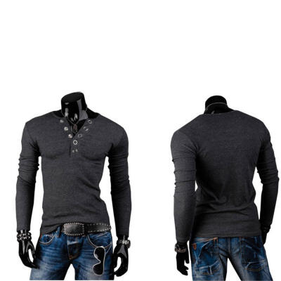 

Mens Casual T-Shirt Fashion Multi-button Long-Sleeved V Neck Tee Tops