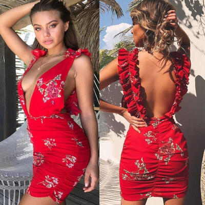 

Sexy Women Summer Backless V Neck Sleeveless Party Cocktail Short Mini Dress