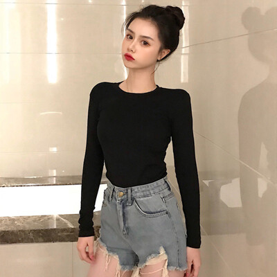 

Fashion Solid Color Round Neck Slimming Long-sleeved T-shirt Tight Bottom T-Shirts