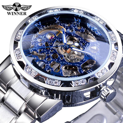 

WINNER Men Automatic Watch Fashion Diamond Display Luminous Hands Gear Movement Retro Mechanical Skeleton Watches Luxury Casual Bu