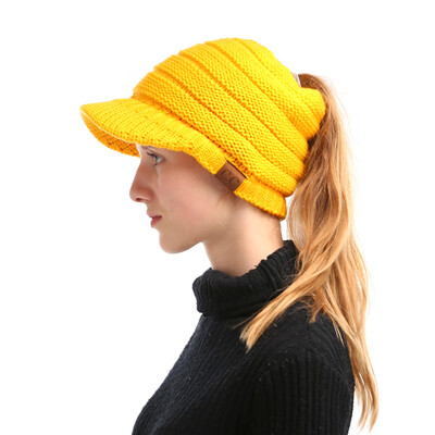 

Winter Women Girl Soft Warm Knitted Thicken Hat Ponytail Beanie Caps with Visor Outdoor Snow Ski Sports Cap