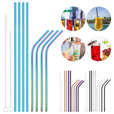 

8PcsSet Fashion Multicolor Stainless Steel Metal Drinking Straw Reusable Straws Cocktail Cleaner Brush Kit