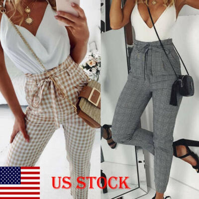 

US STOCK Women High Waist Belt OL Office Long Pencil Pants Check Plaid Trouser