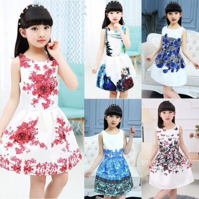 

2017 New Sleeveless Kids Girls Princess Floral Dress Summer Party Dress Sundress 5-12T