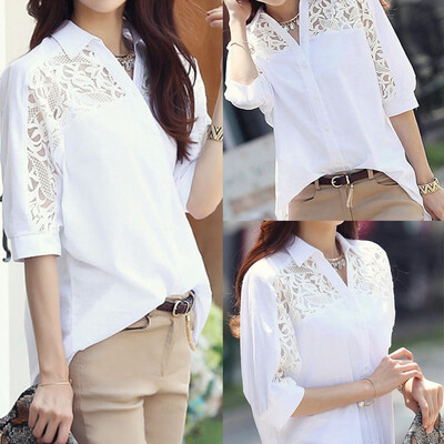 

Starmoon Fashion Women Business Top Lapel Shirt Lace Half Sleeve V-Neck Loose Blouse