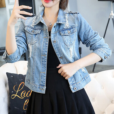 

Toponeto Women Button Long Sleeve Ripped Pockets Denim Open Front Jean Jacket Overcoat