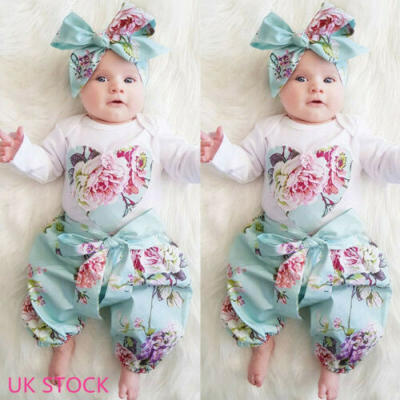 

Infant Newborn Baby Girl 3pcs Clothes Romper Tops Floral Pants Outfits Set