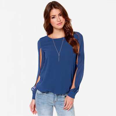 

New Fashion Women Blouse Chiffon Hollow Out Solid O-Neck Long Sleeve Loose Sexy Tops