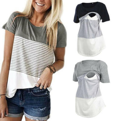 

USA Women Maternity Breastfeeding Tee Nursing Tops Striped Short Sleeve T-shirt
