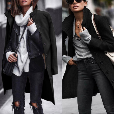 

Tailored Women Winter Street Solid Turn Down Collar Full Sleeve Button Woollen Coat