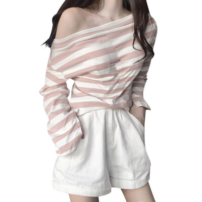 

Women Top Shirt Casual Loose Long Sleeve Hip Hop Shirt Women Striped Off Shoulder Streetwear Female Clothes T Shirt