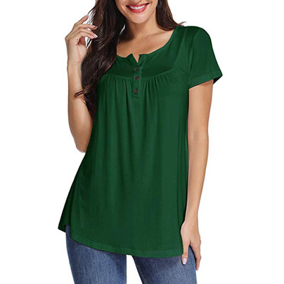 

Starmoon Women Solid Row Pleats Button Ruched O-Neck Short Sleeve Irregular T-Shirt Tops