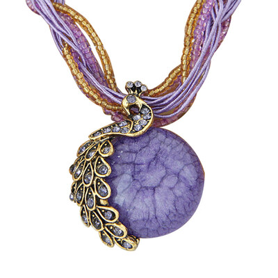

Bohemian Women Rhinestone Inlaid Peacock Round Faux Opal Pendant Necklace Gift