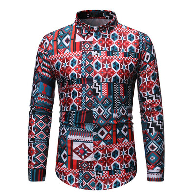 

Toponeto Mens Ethnic Style Vintage Printing Slim Long Sleeve Dress Shirt Blouse Tops