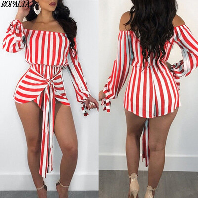 

Women Striped Long Sleeve Slash Neck Loose Lace Up Sexy Playsuit European&American Style Beach Playsuits
