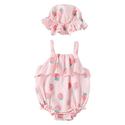 

Lovely Baby Girls Summer Sleeveless Sling Cotton Print Cute One-Pieces Jumpsuit Hat 2pcs 0-12M Cute Newborn Baby Clothes