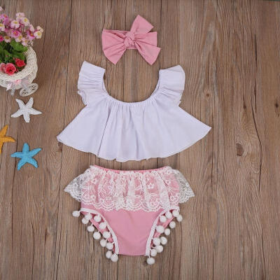 

3Pcs Newborn Baby Girl TopPink Lace Shorts Headband Sunsuit Outfits Clothes