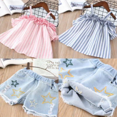 

2pcs Newborn Toddler Baby Girl Stripe TopsDenim Jeans Pants Outfits Clothes Set