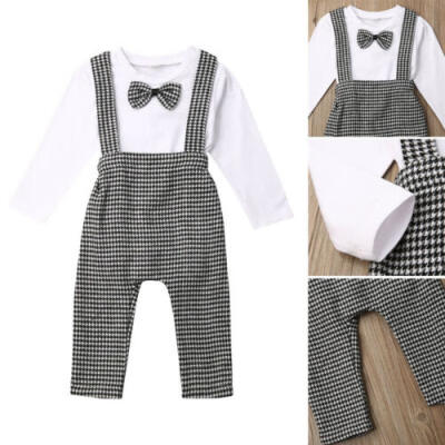 

2pcs Newborn Baby Boy Fall Clothes Tie Romper TopsLattice Bib Pants Outfits Set