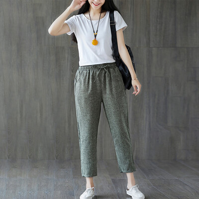 

Women Cropped Pants Elastic Waist Solid Color Slim Fit Casual Trousers XL3XL
