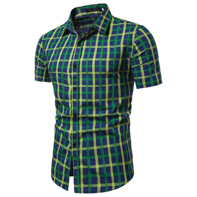 

Tailored Mens Lattice Splicing Pattern Casual Fashion Lapel Short Sleeve Shirt
